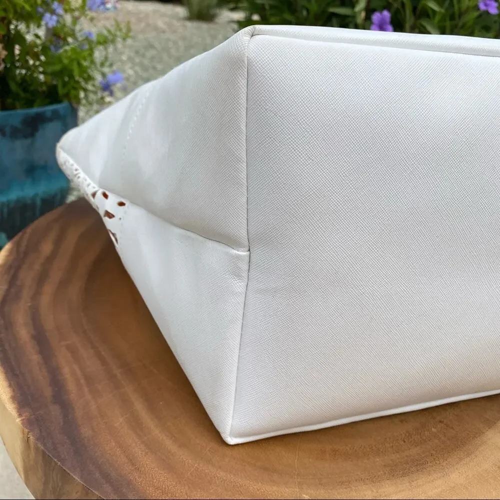 VINCE CAMUTO Laser Cut White Floral Vegan Leather Large Tote Beach Bag Purse